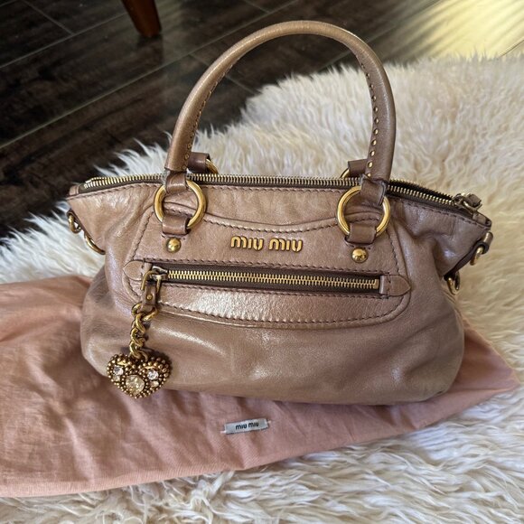 Vintage Miu Miu Distressed Leather Handbag with Swarovski Crystal Charm - Rare R - Picture 2 of 10